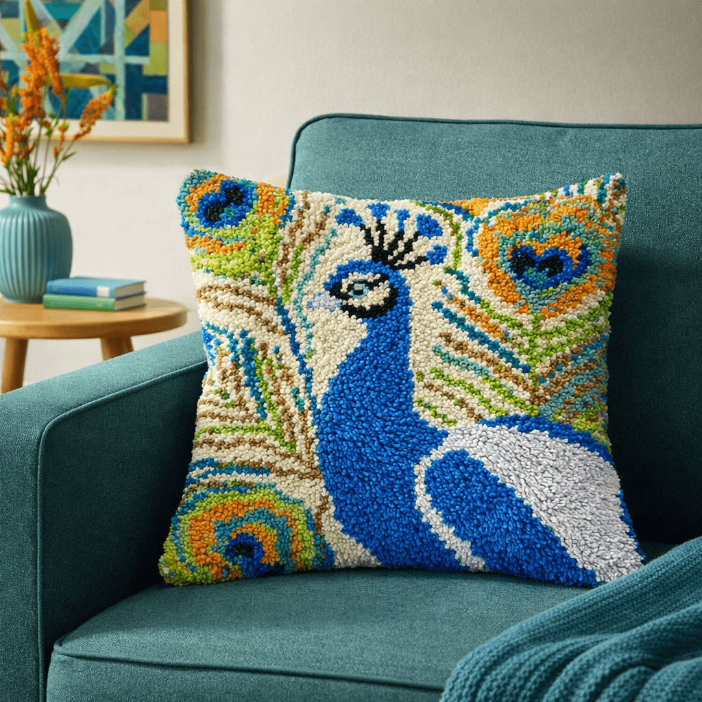 Latch Hook Pillow Making Kit - Perfect Peacock - DIY Craft Project