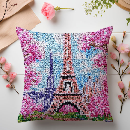 Latch Hook Pillow Making Kit - Pink Blossom Paris Eiffel Tower Design