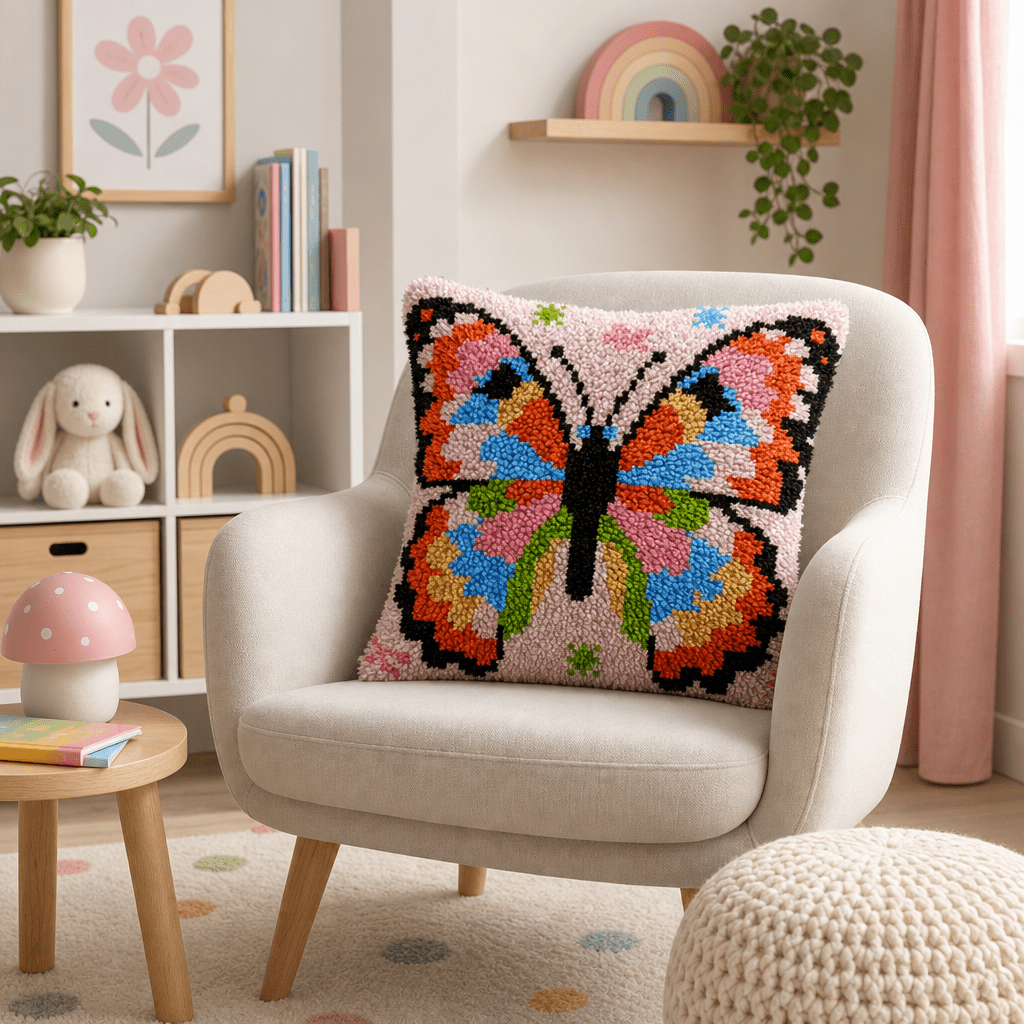 Latch Hook Pillow Making Kit - Pink Butterfly Design