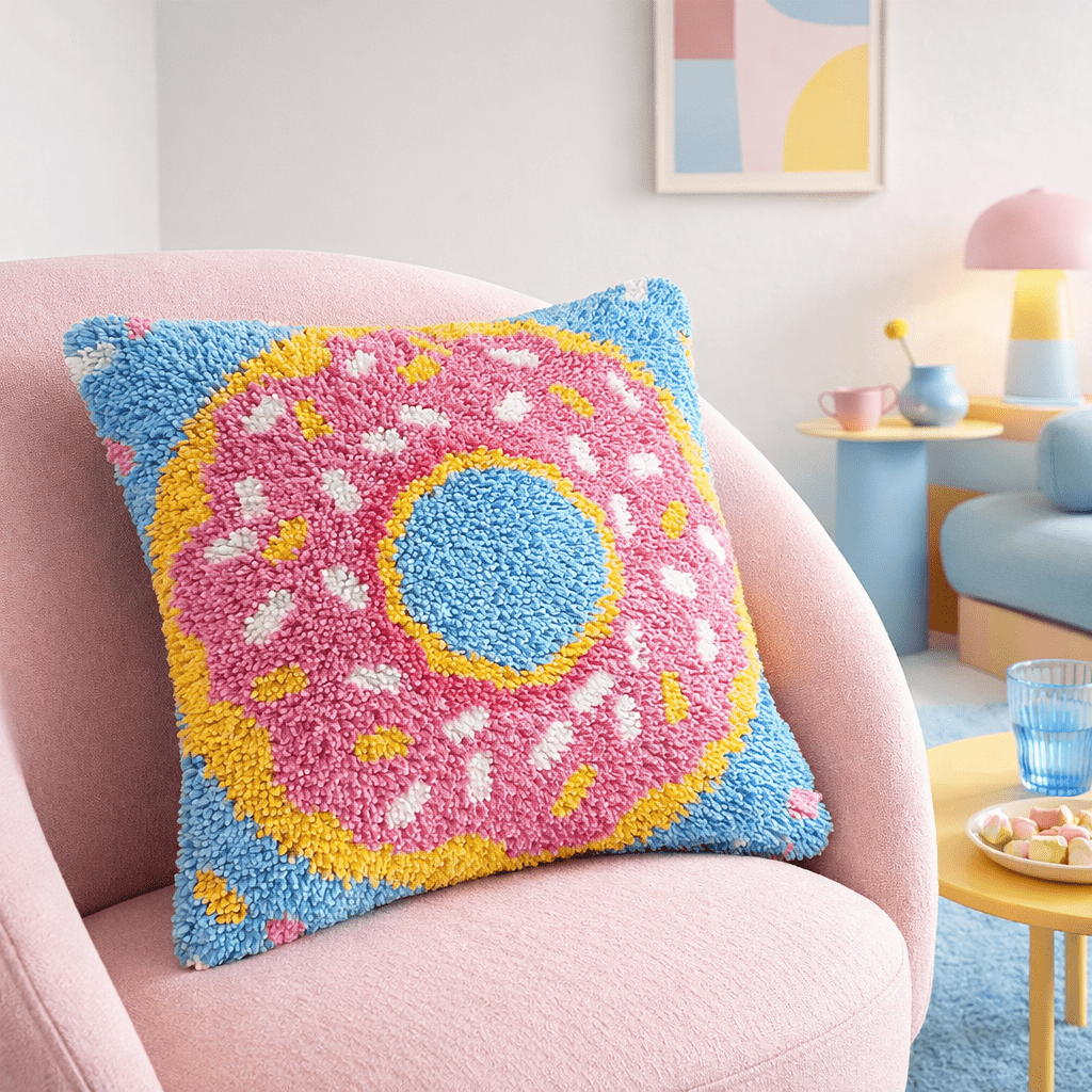 Latch Hook Pillow Making Kit - Pink Donut With Sprinkles - DIY Craft Project