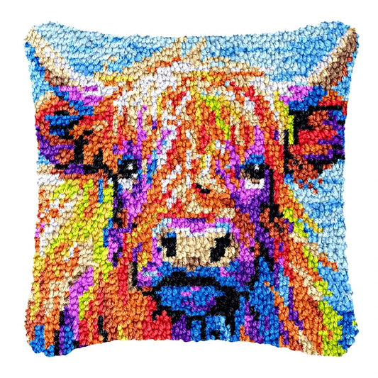 Latch Hook Pillow Making Kit - Pop Arts Colourful Highlander Hairy Cow Design