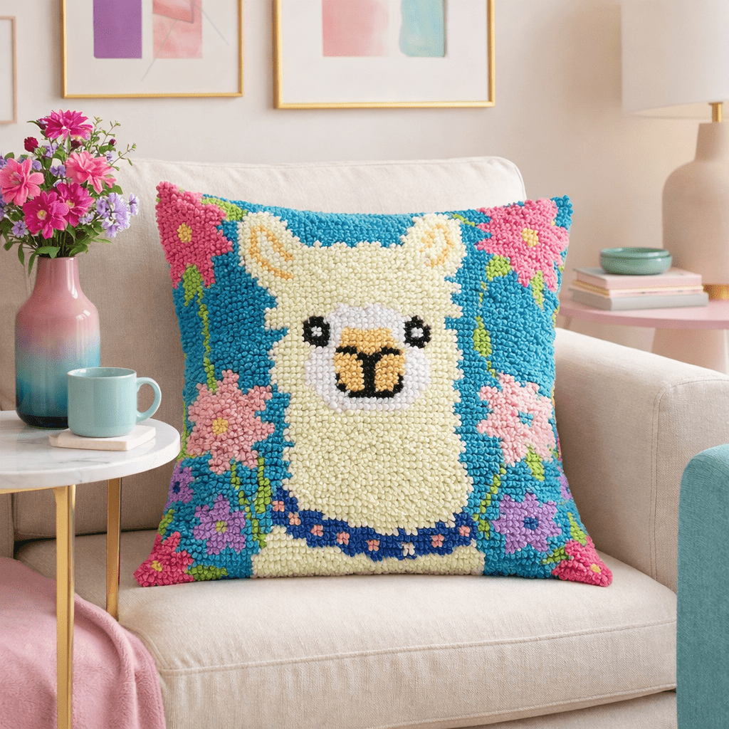 Latch Hook Pillow Making Kit - Pretty Alpaca - DIY Craft Project