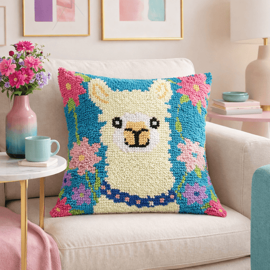 Latch Hook Pillow Making Kit - Pretty Alpaca - DIY Craft Project