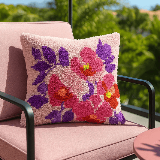 Floral-patterned pillow on a pink chair with a blurred green outdoor background