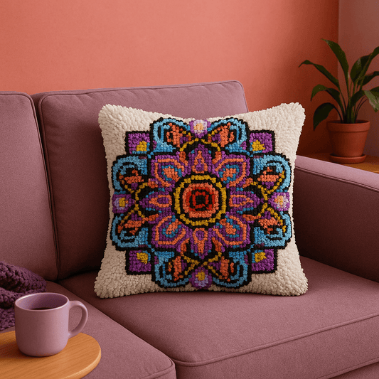 Latch Hook Pillow Making Kit - Purple Manadella Rosette Design