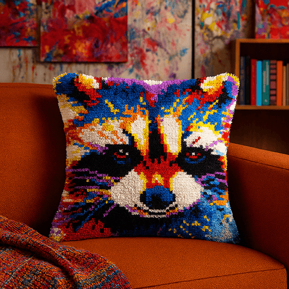 Latch Hook Pillow Making Kit - Raging Raccoon - Fun Craft Project