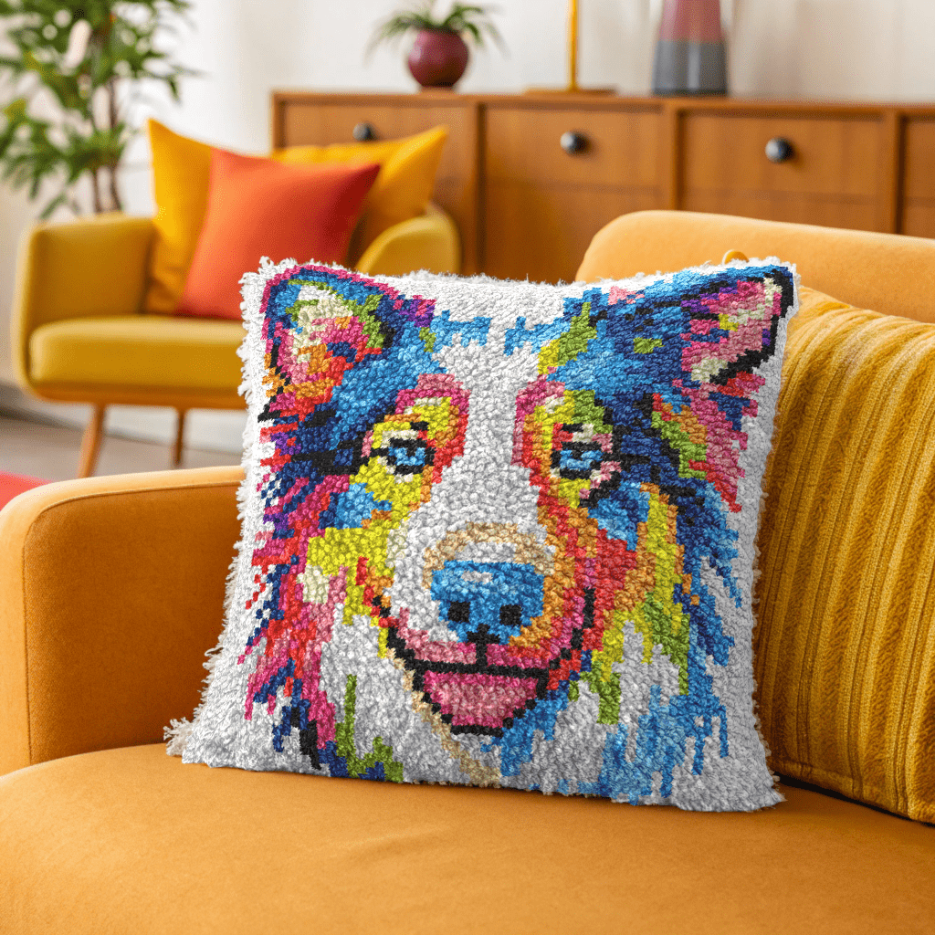 Latch Hook Pillow Making Kit - Rainbow Border Collie Design Kit