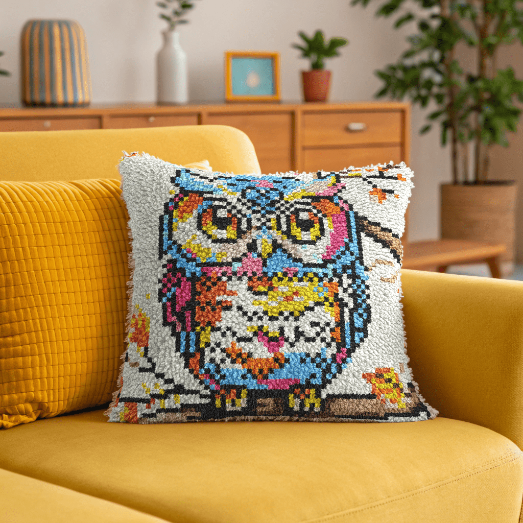 Latch Hook Pillow Making Kit - Rainbow Owl Design Craft Kit