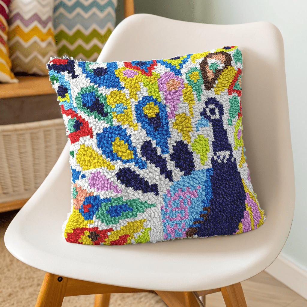 Latch Hook Pillow Making Kit - Rainbow Peacock Design Kit