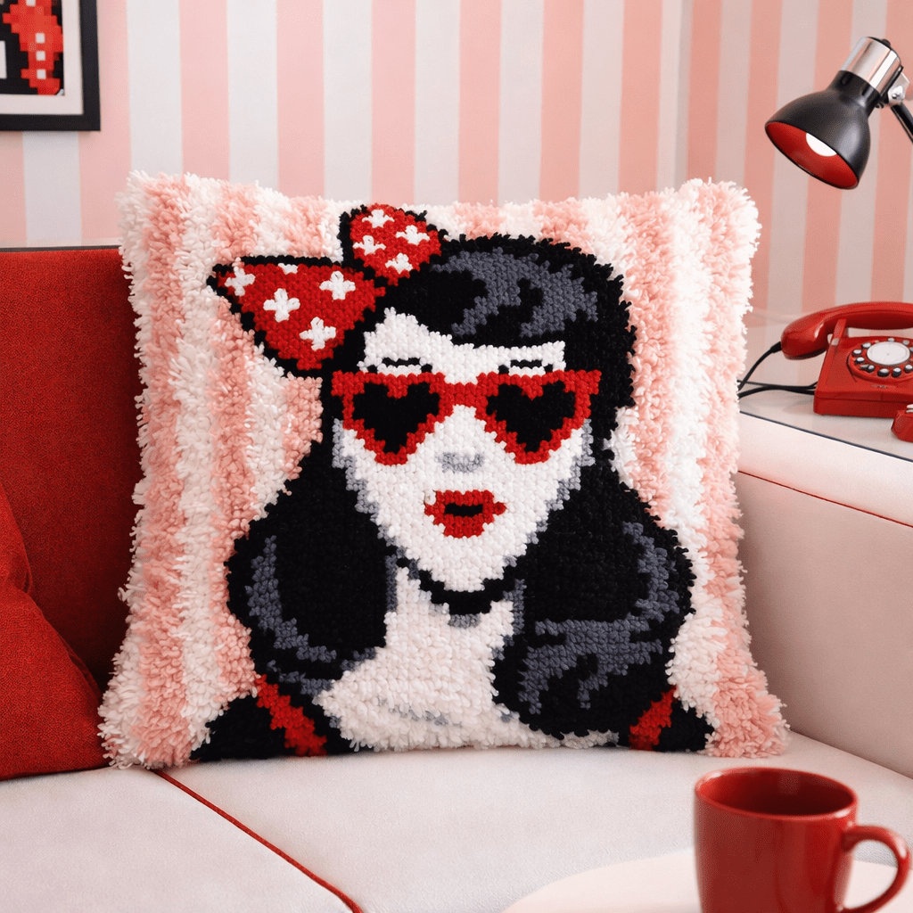 Latch Hook Pillow Making Kit - Red Rockabilly Queen - Creative Craft Project