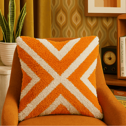 Orange and white patterned pillow on an orange chair with a plant and books in the background.