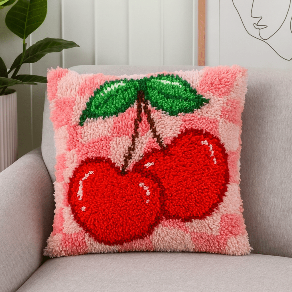 Latch Hook Pillow Making Kit - Rockabilly Cherry Delight - DIY Craft Project