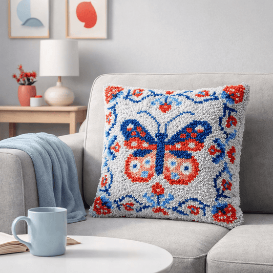 Latch Hook Pillow Making Kit - Strawberries and Butterflies - Craft Project Kit