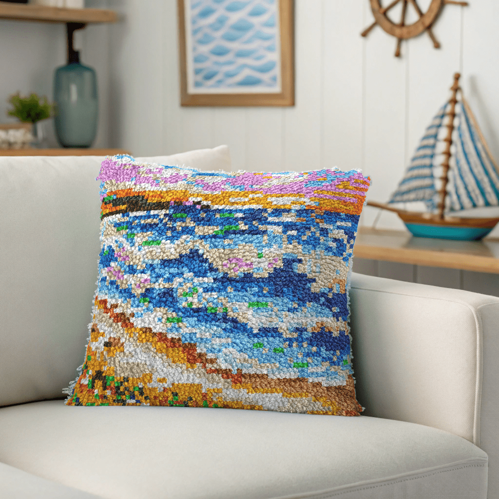 Latch Hook Pillow Making Kit - Sunset Crashing Beach Waves Design