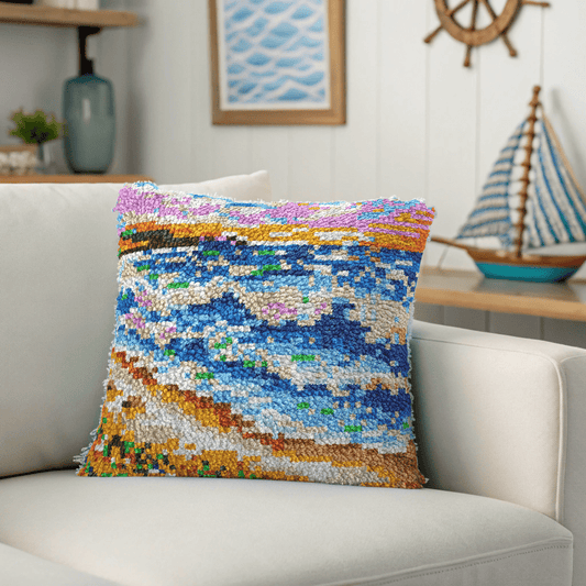 Latch Hook Pillow Making Kit - Sunset Crashing Beach Waves Design