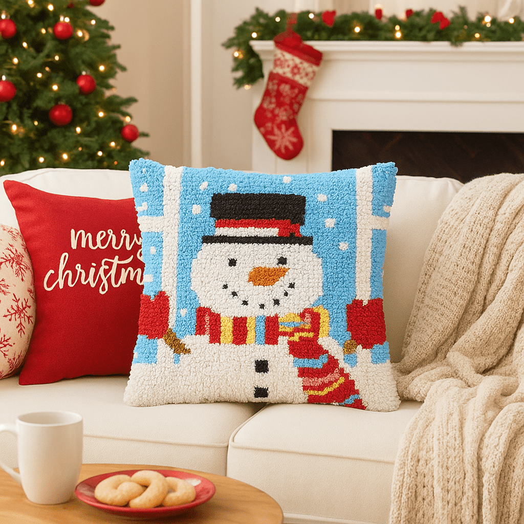 Latch Hook Pillow Making Kit - Top Hat Snowman - Winter Crafting Fun