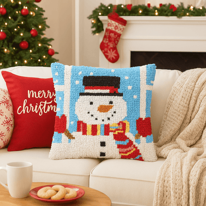 Latch Hook Pillow Making Kit - Top Hat Snowman - Winter Crafting Fun