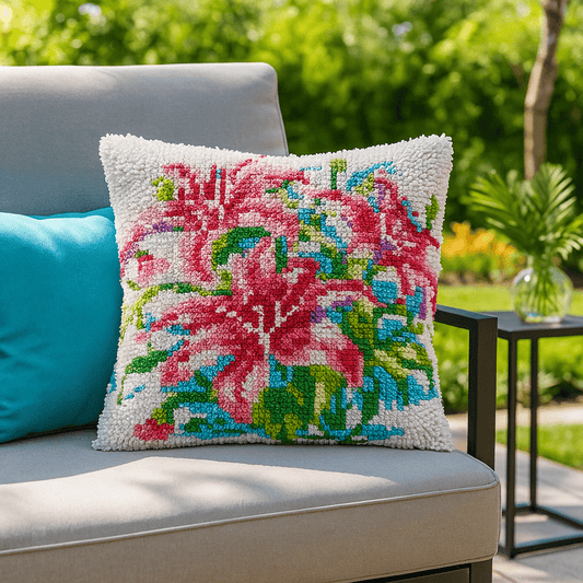 Latch Hook Pillow Making Kit - Tropical Lilies - DIY Craft Project