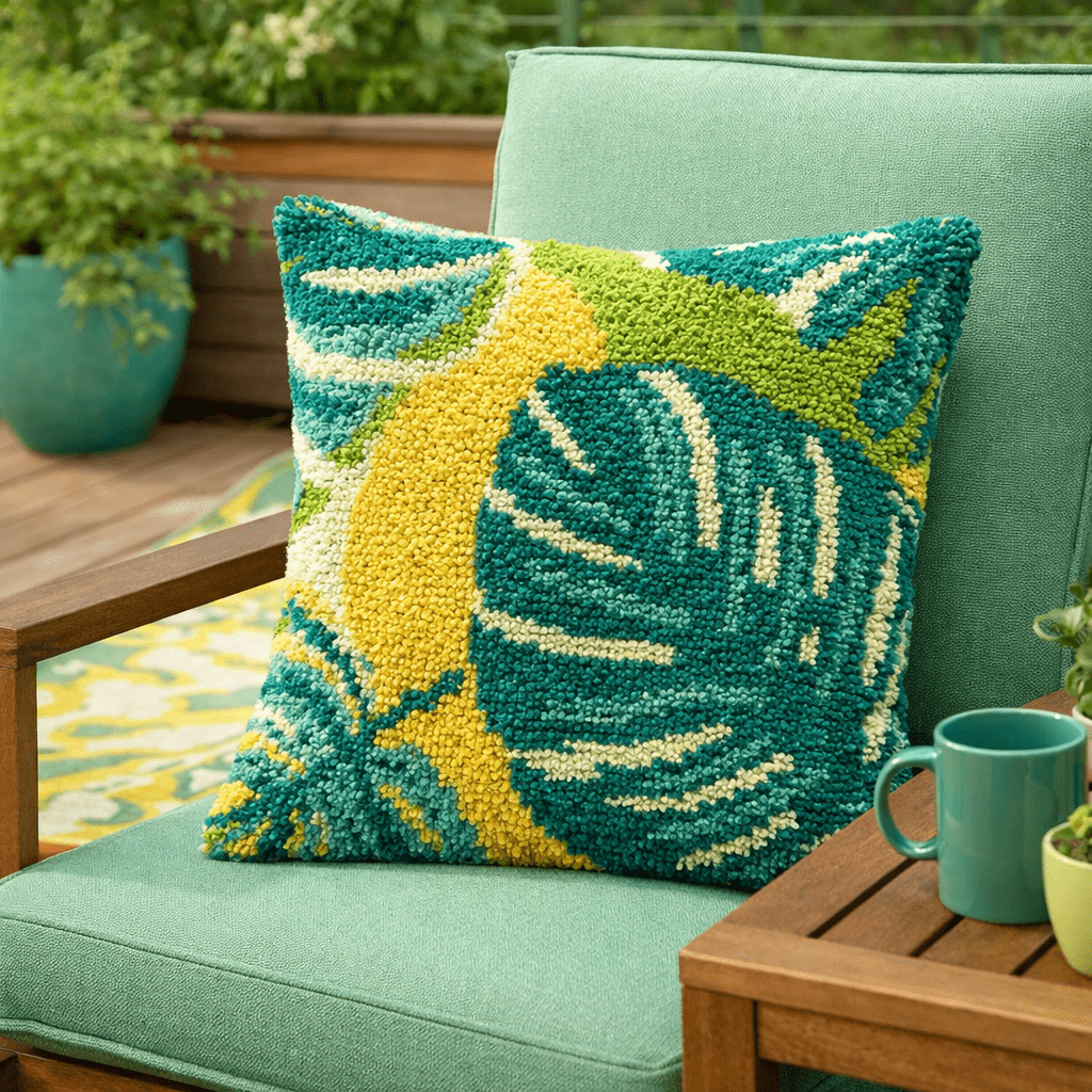 Latch Hook Pillow Making Kit - Tropical Monstera - Craft Project Kit