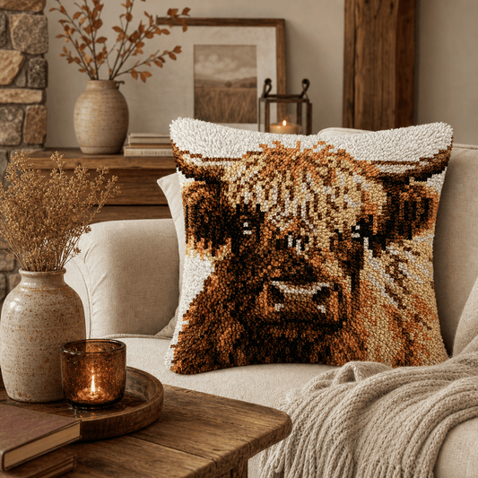 Latch Hook Pillow Making Kit - Vintage Highland Cow Design