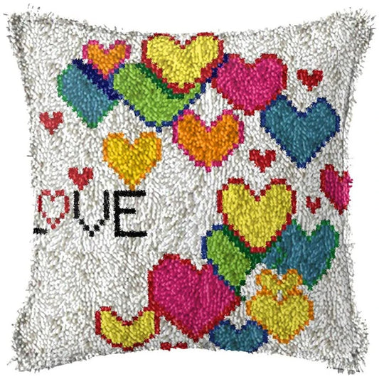 Latch Hook Pillow Making Kit - White Cushion Love Hearts Design