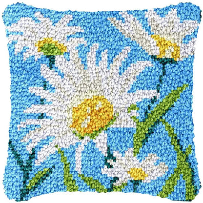 Latch Hook Pillow Making Kit - White Daisies Blue Sky Design