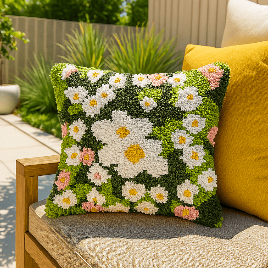 Latch Hook Pillow Making Kit - White Daisy Moss Field - Crafting Adventure