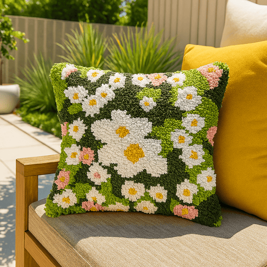 Latch Hook Pillow Making Kit - White Daisy Moss Field - Crafting Adventure