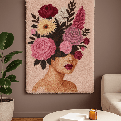 Latch Hook Rug Making Kit - Botanical Pink Passion Goddess 110x70cm