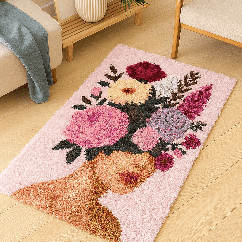 Latch Hook Rug Making Kit - Botanical Pink Passion Goddess 110x70cm