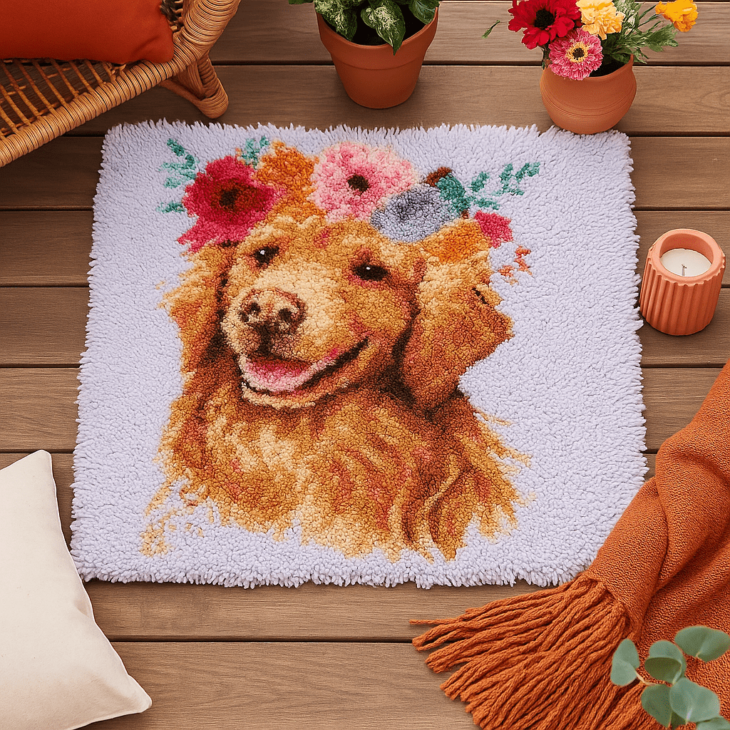 Latch Hook Rug Making Kit - Flower Power Golden Retriever 80cm x 80cm