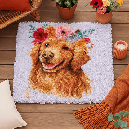 Latch Hook Rug Making Kit - Flower Power Golden Retriever 80cm x 80cm