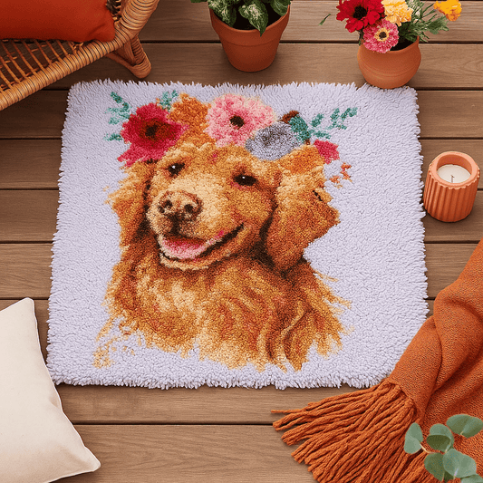 Latch Hook Rug Making Kit - Flower Power Golden Retriever 80cm x 80cm