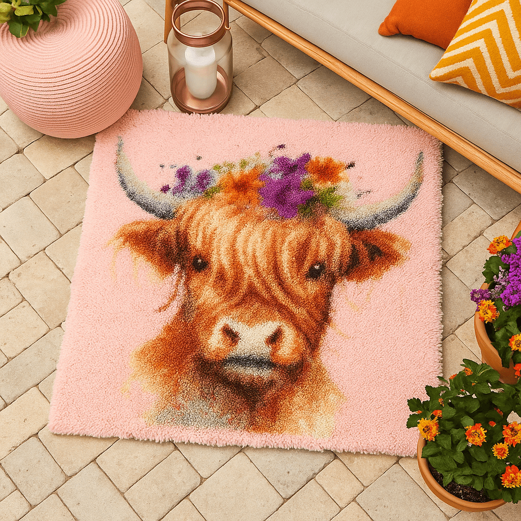 Latch Hook Rug Making Kit - Flower Power Highlander Hairy Cow 80cm x 80cm