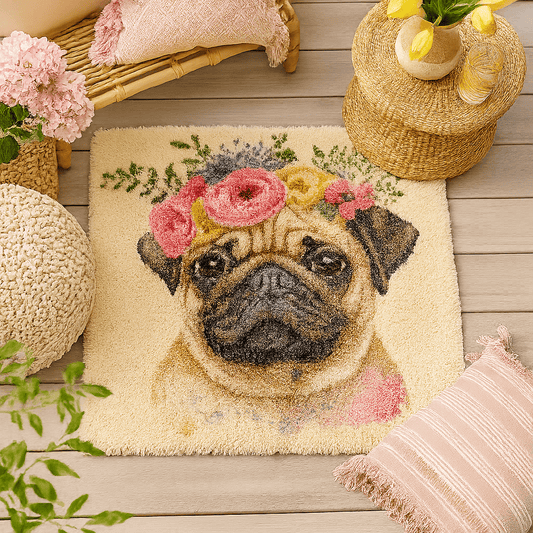 Latch Hook Rug Making Kit - Flower Power Pretty Pug 80cm x 80cm
