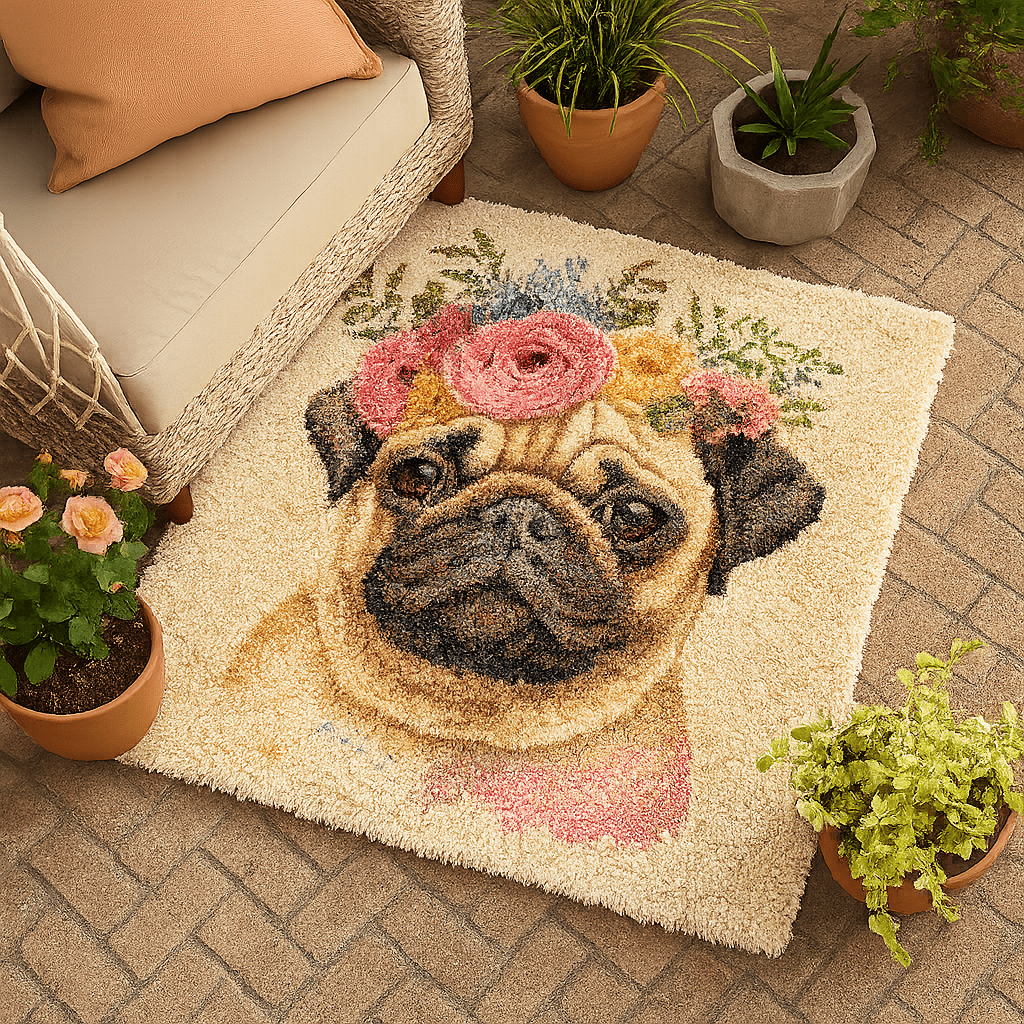 Latch Hook Rug Making Kit - Flower Power Pretty Pug 80cm x 80cm