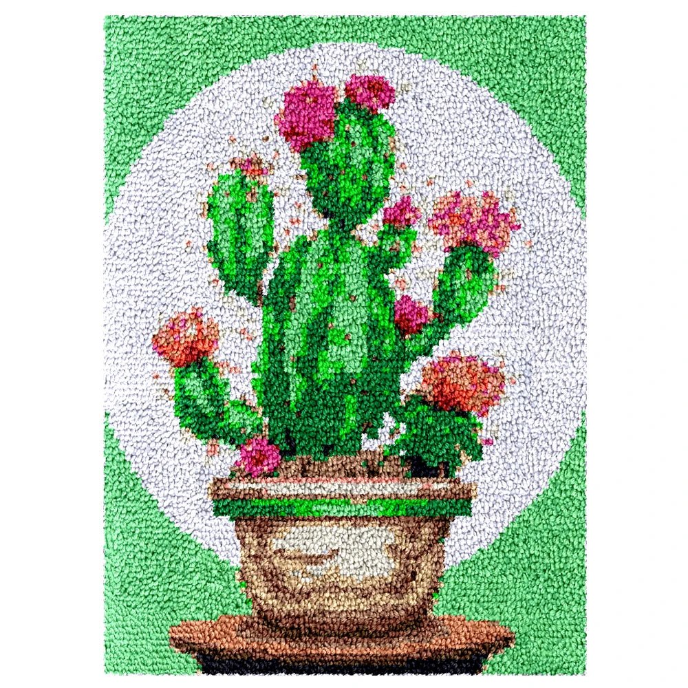 Latch Hook Rug Making Kit - Flowering Green Potted Cactus Design - 55x75cm