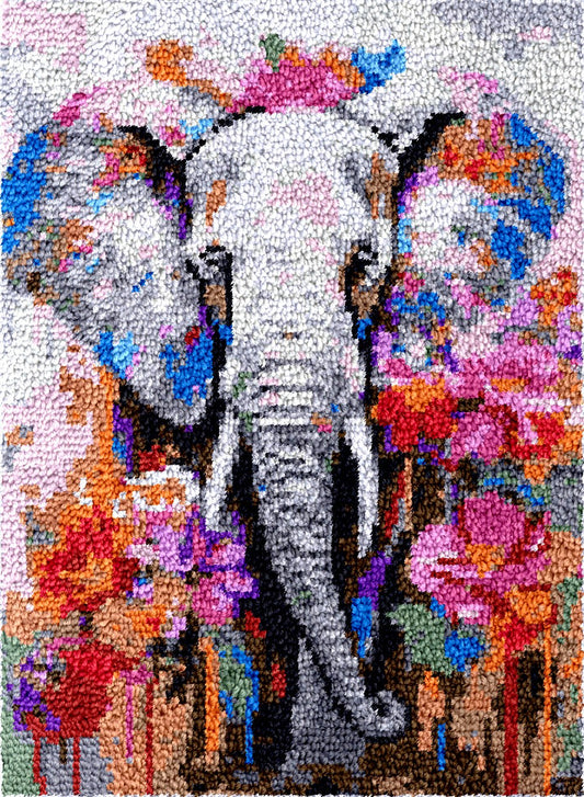 Latch Hook Rug Making Kit - Grey Elephant in Flower Field Design - 55x75cm