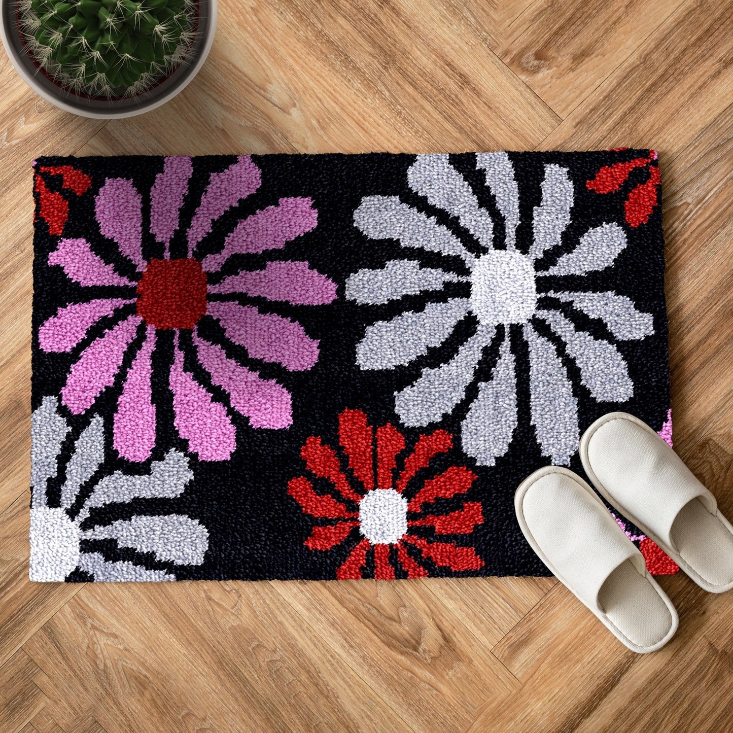 Latch Hook Rug Making Kit - Groovy Pink and Red Flowers - 61 x 87cm