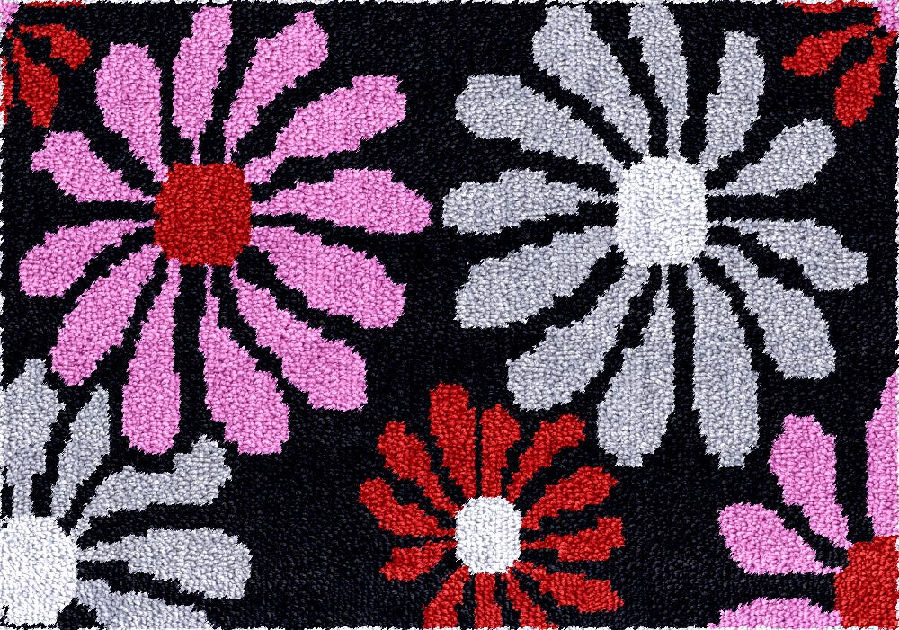 Latch Hook Rug Making Kit - Groovy Pink and Red Flowers - 61 x 87cm