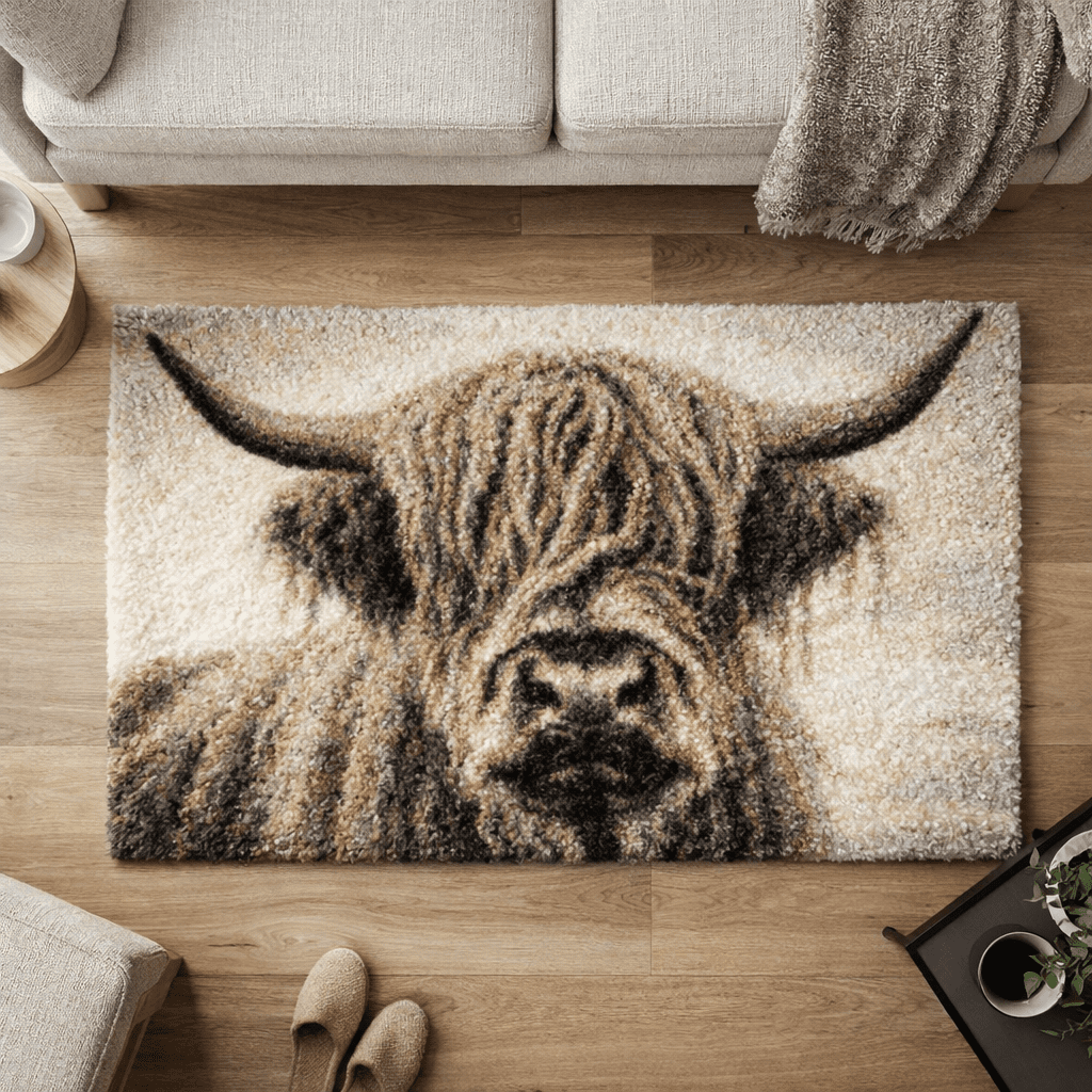 Latch Hook Rug Making Kit - Rustic Hairy Highland Cow 110x70cm