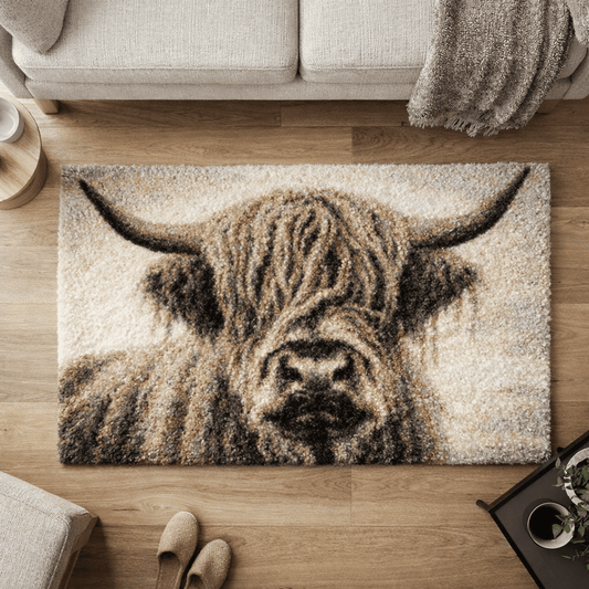 Latch Hook Rug Making Kit - Rustic Hairy Highland Cow 110x70cm