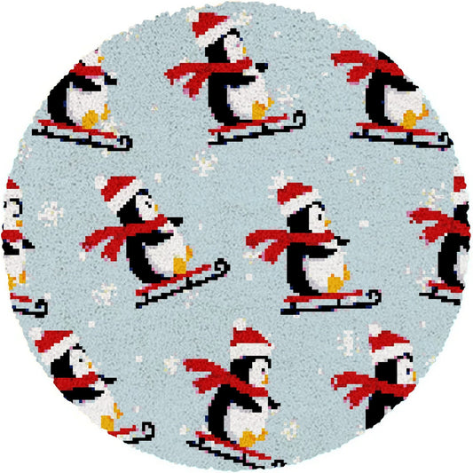 Latch Hook Rug Making Kit - Skiing Penguins Christmas Tree Mat 80X80cm