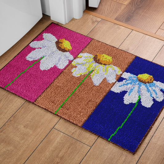 Latch Hook Rug Making Kit - Tricolour Drooping Daisies Design - 61 x 87cm