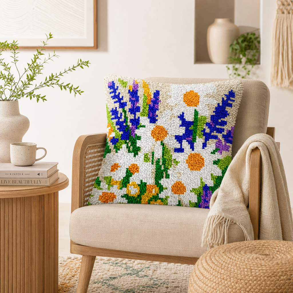 Latch Hook Pillow Making Kit - Lavender and Daisies Design