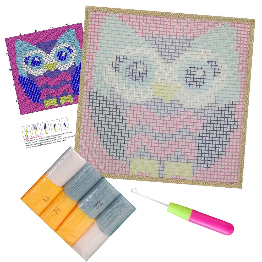 Mini Latch Hook Kit - Rug Making Kit Cuttie Hootie Owl 30cm x 30cm