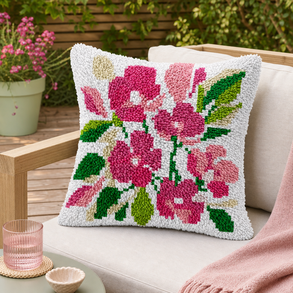 Latch Hook Pillow Making Kit - Pink Petals Design