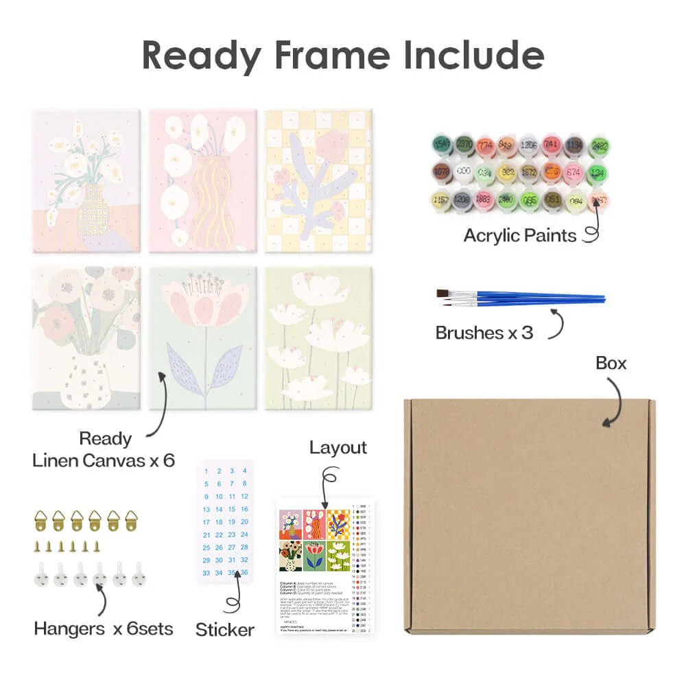 Paint & Sip Party Pack - Paint By Numbers 6pc Set - 15cm x 20cm - Art Deco Modern Bloom