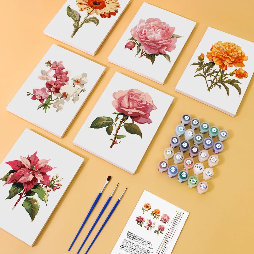 Paint & Sip Party Pack - Paint By Numbers 6pc Set - 15cm x 20cm - Flowing Flowers