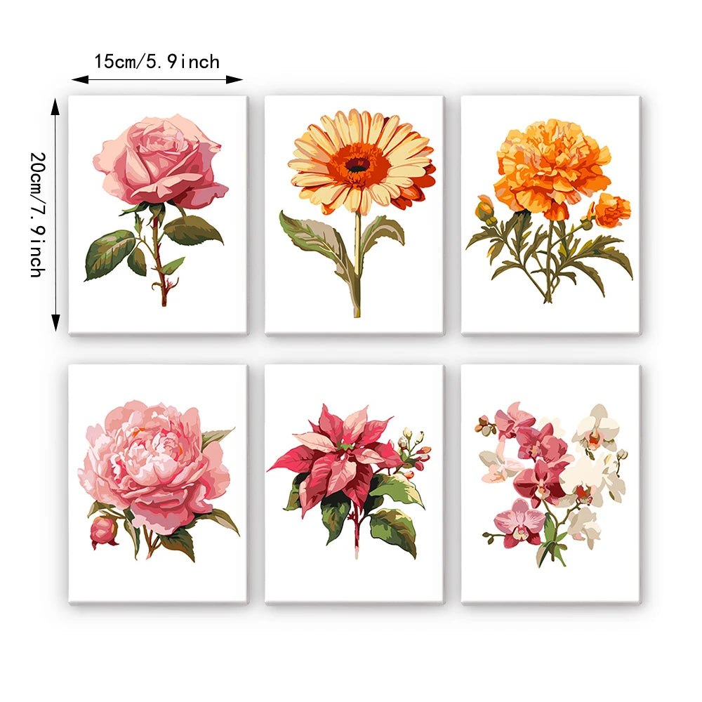 Paint & Sip Party Pack - Paint By Numbers 6pc Set - 15cm x 20cm - Flowing Flowers